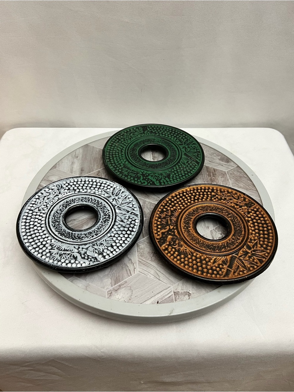 Set of 3 Cast Iron Trivets Round Green White Bronze Decorative 6 Inch